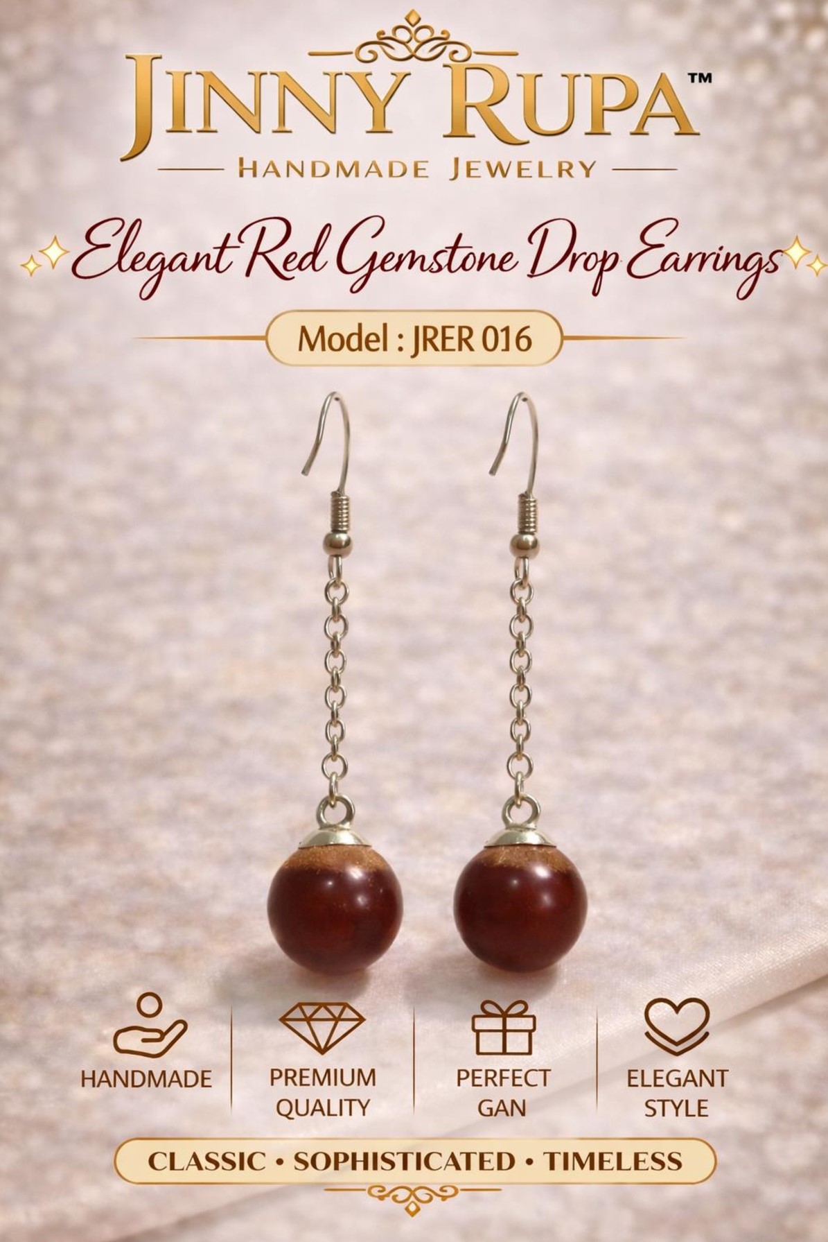 Jinny Rupa Elegant Red Gemstone Drop Earrings