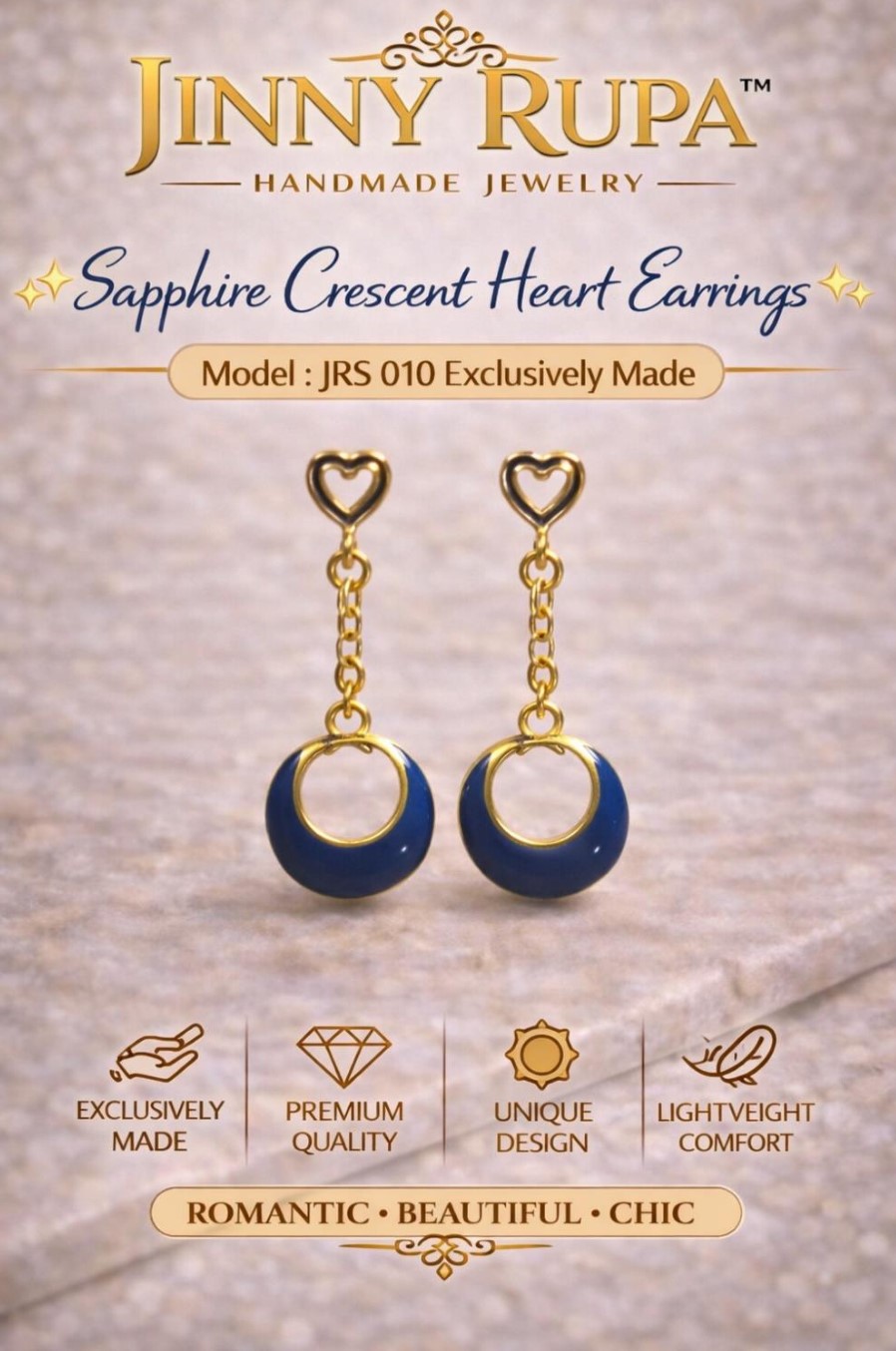 Jinny Rupa Sapphire Crescent Heart Earrings