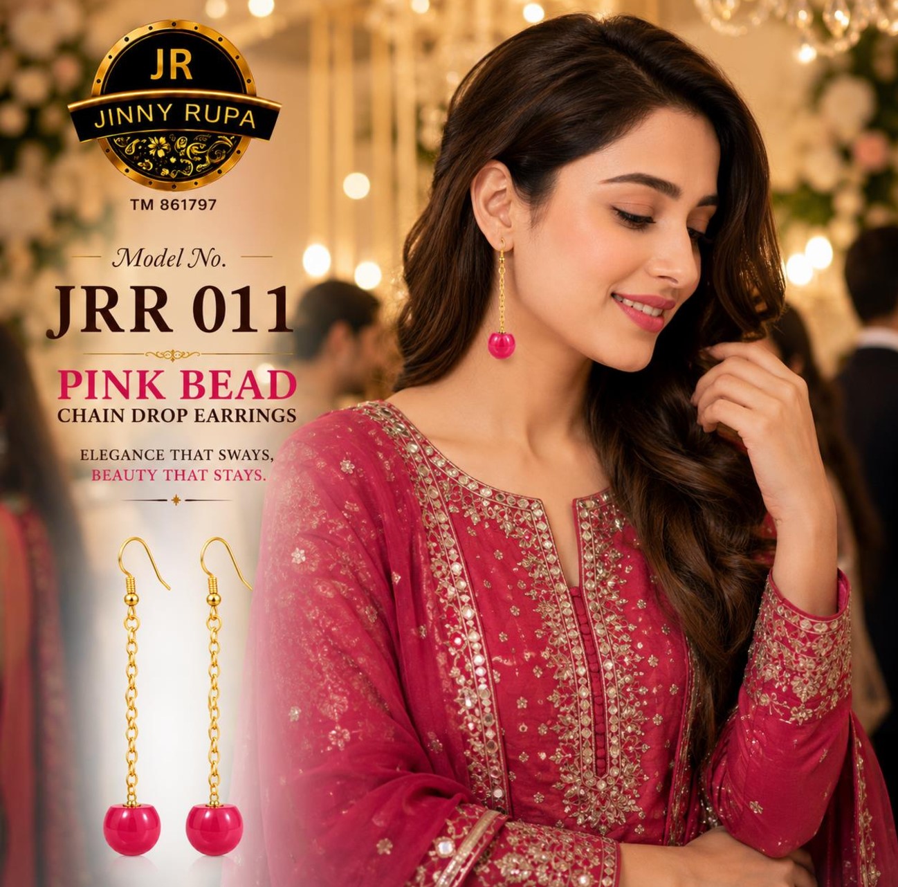 JRR 011 Pink Bead Chain Drop Earrings
