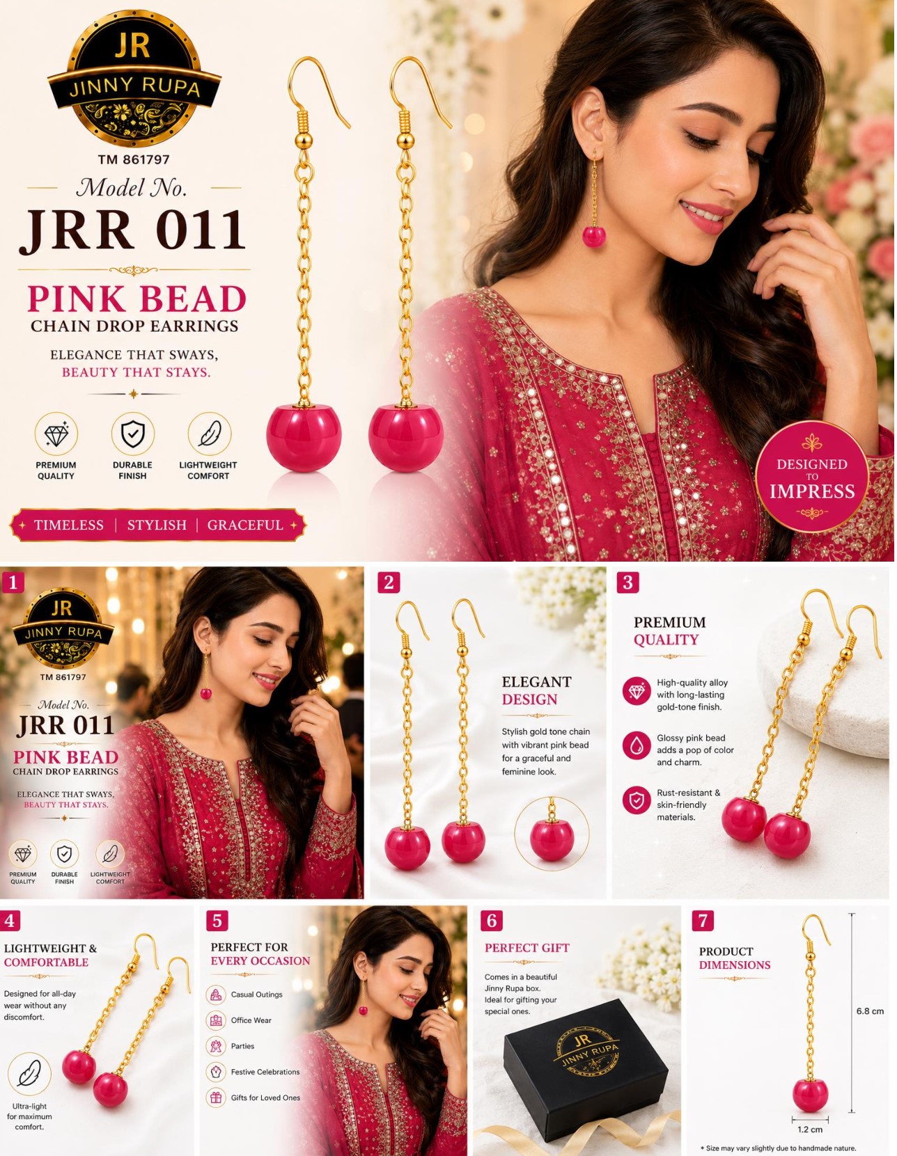 JRR 011 Pink Bead Chain Drop Earrings