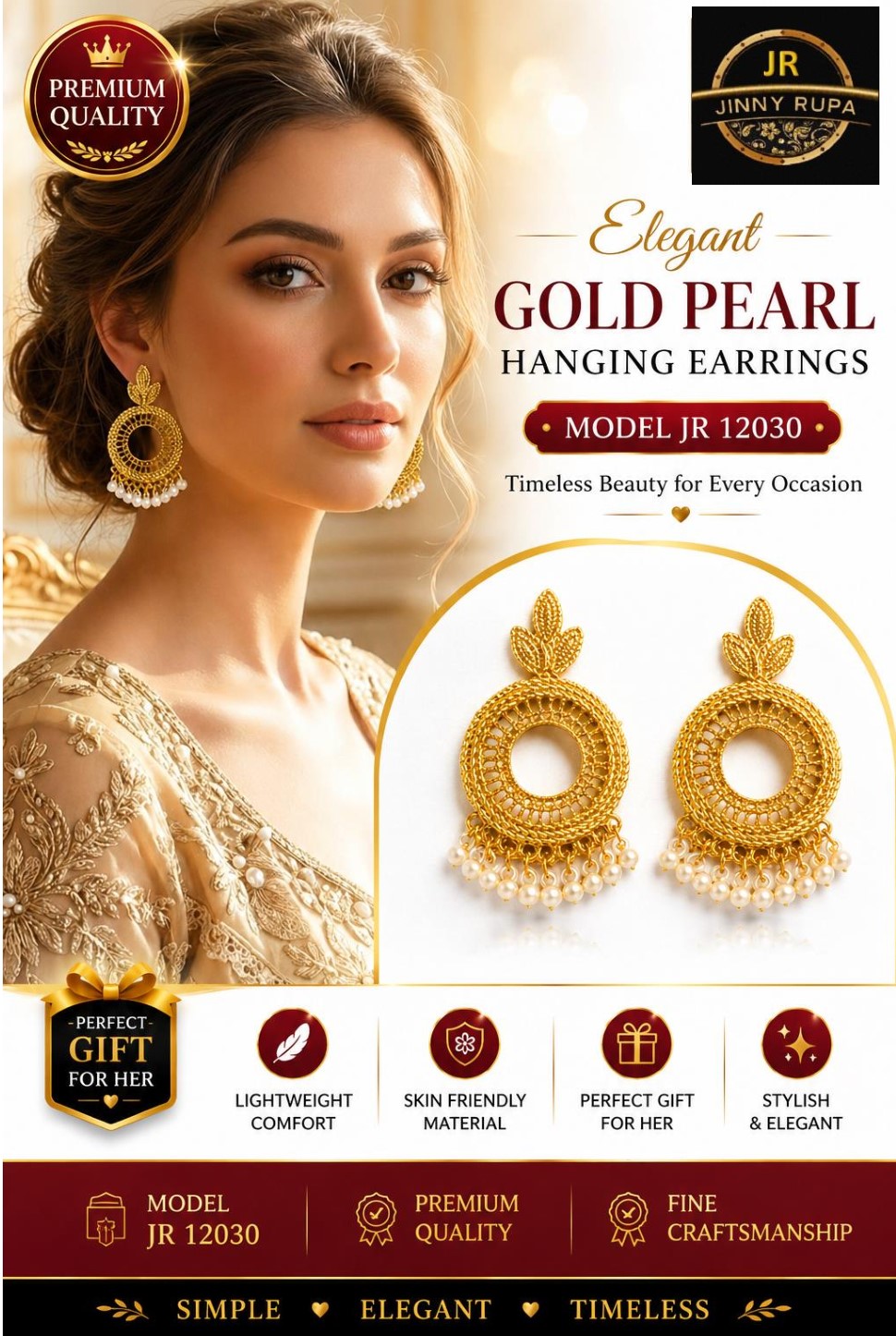 Gold Pearl Hanging Earrings